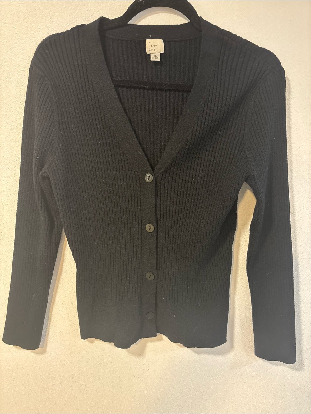a new day Black Ribbed V-Neck Button Front Cardigan